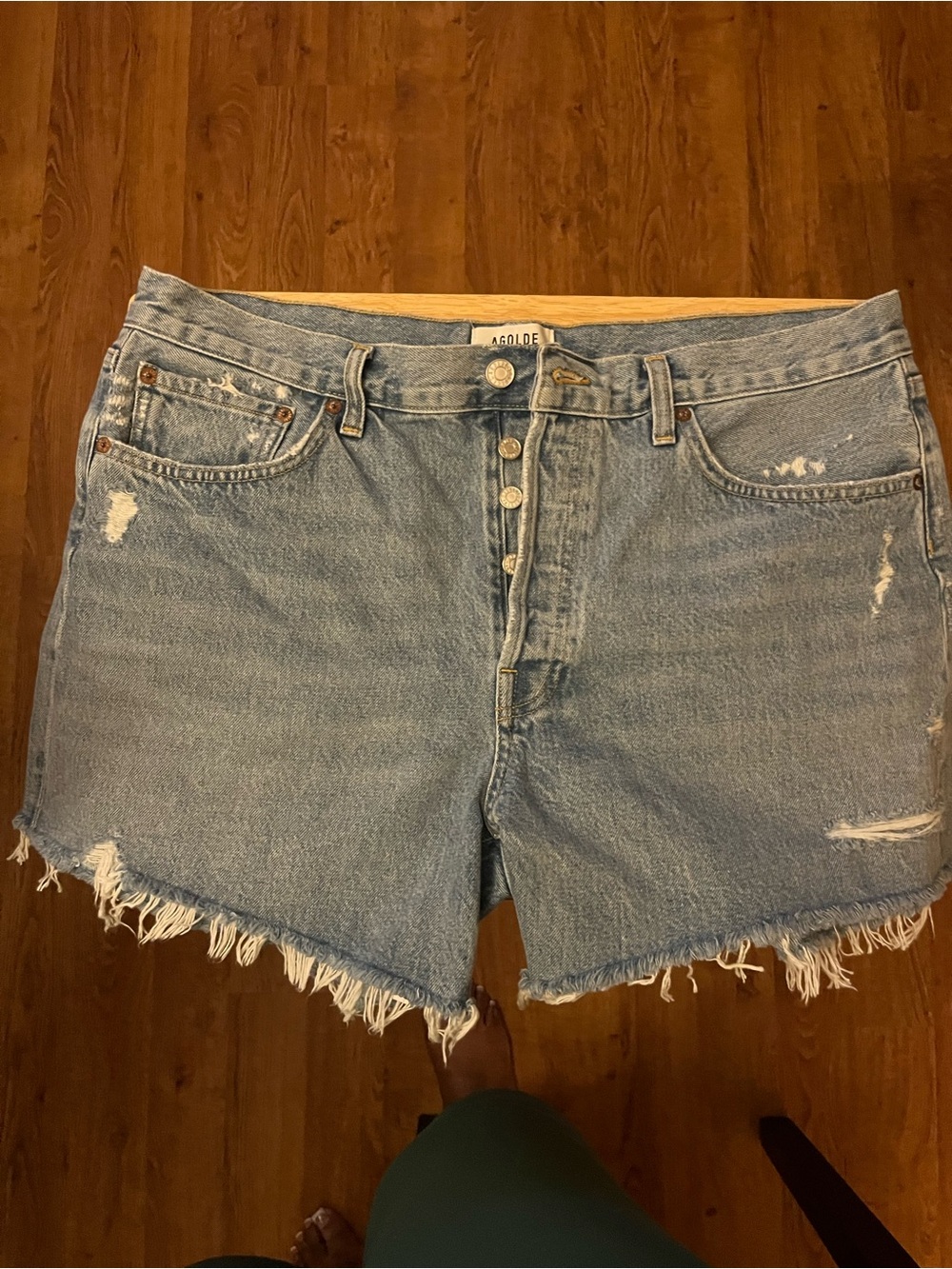 Agolde Light Wash Frayed Hem Denim Shorts